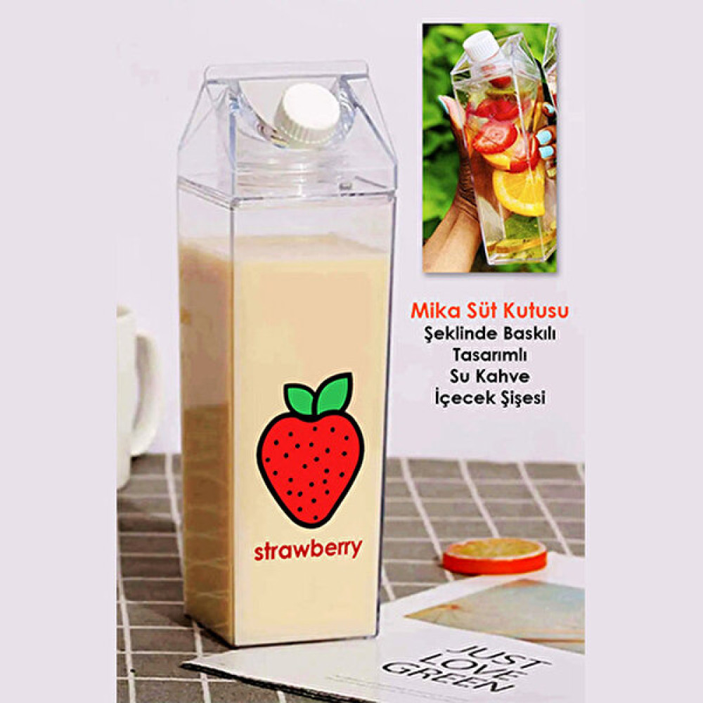 İşte Bu Çilek Baskılı Mika Süt Kutu Tasarımlı Su Kahve Içecek Şişesi - Cam Değildir - 500 ml - Şeffaf Fincan / Bardak / Kahve Takımı Fiyatı
