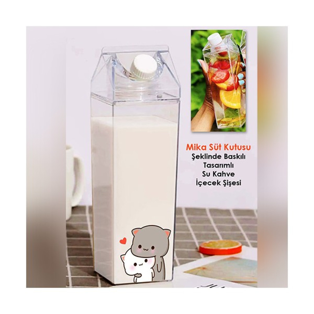 İşte Bu Dudu Bubu Ayıcık Sevgili Çift Baskılı Mika Süt Kutu Tasarımlı Su Kahve Şişesi -Cam Değildir- 500 ml - Şeffaf Fincan / Bardak / Kahve Takımı Fiyatı