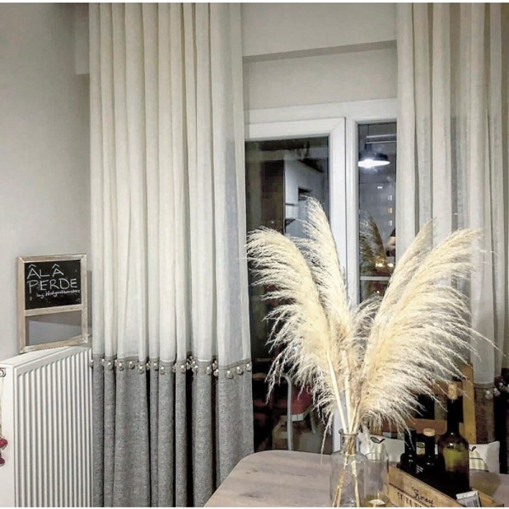 İtalyan Home Store Çift Renkli Krem & Vizon Kahve Ponpon Detaylı 1/2,5 Orta Pile Keten Efektli Tasarım Perde - 100 x 270 cm - Vizon - Ekru Fon Perde Fiyatı
