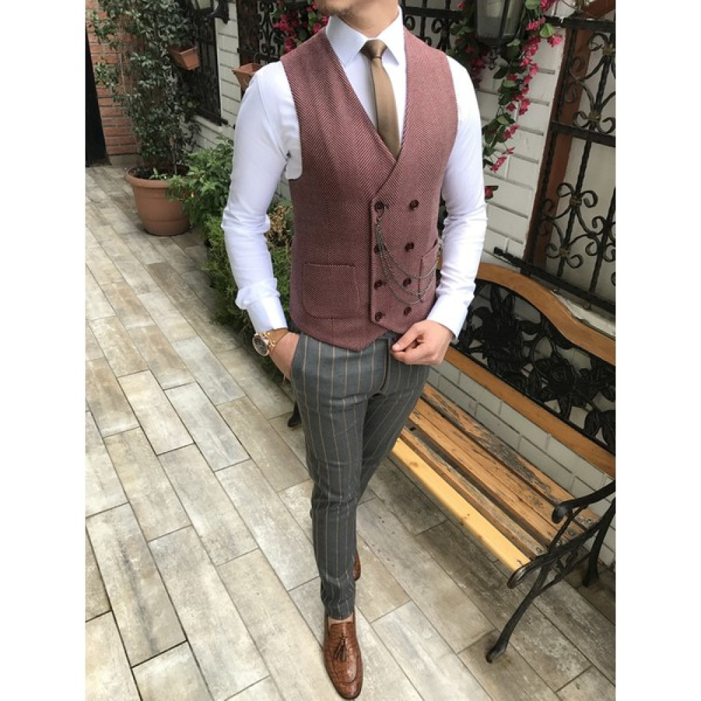 İtalyan stil erkek slim fit açık bordo cepken yelek T3842 Erkek Yelek Fiyatı