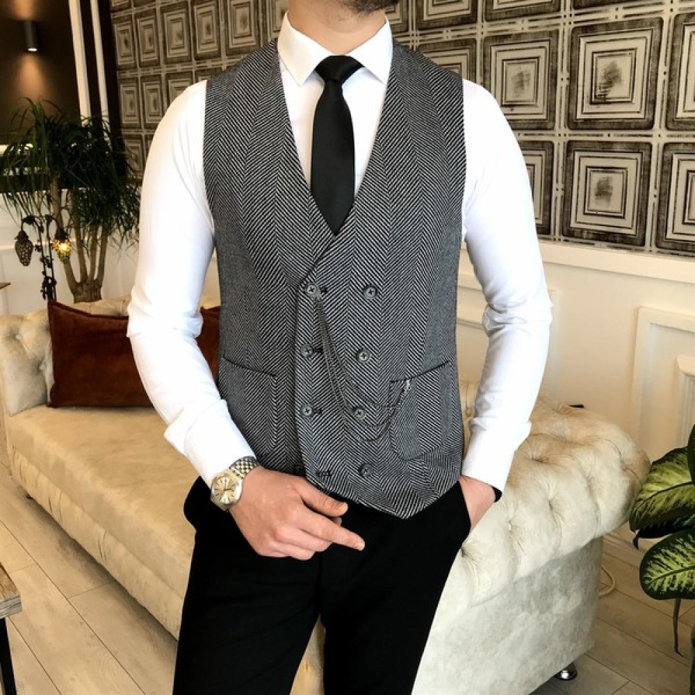 İtalyan stil slim fit erkek balık sırtı kruvaze cepken yelek Siyah T4989 Erkek Yelek Fiyatı