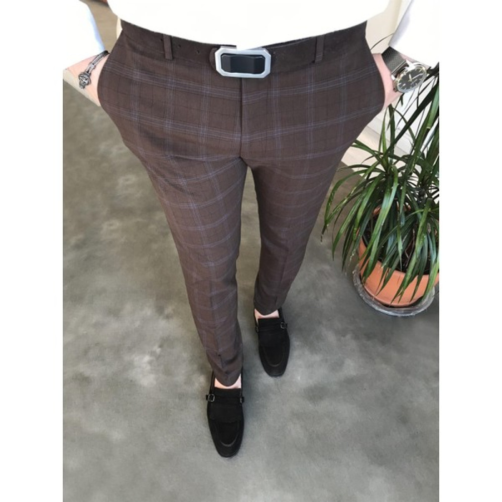 İtalyan stil slim fit erkek ekose kumaş pantolon Kahverengi T6973 Erkek Pantolon Fiyatı