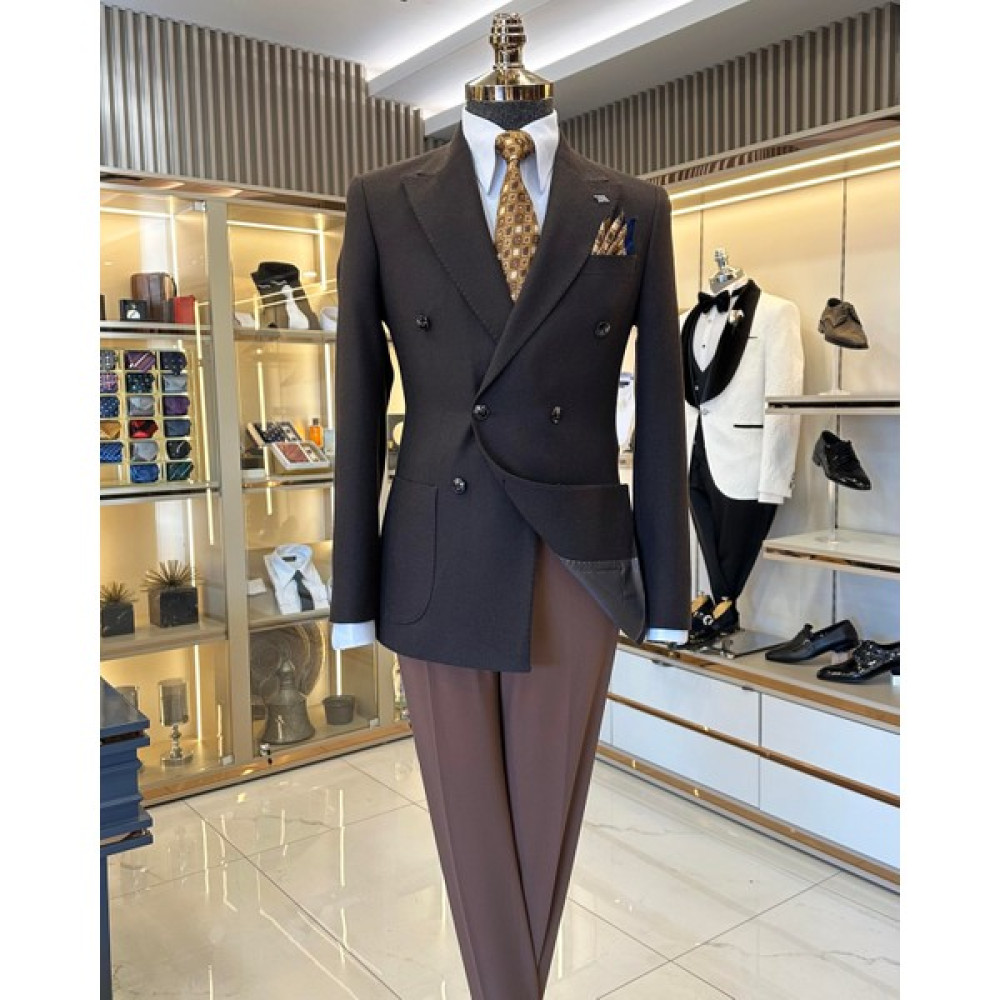 Italyan Stil Slim Fit Kruvaze Erkek Ceket Kahverengi T10969 Erkek Ceket Fiyatı