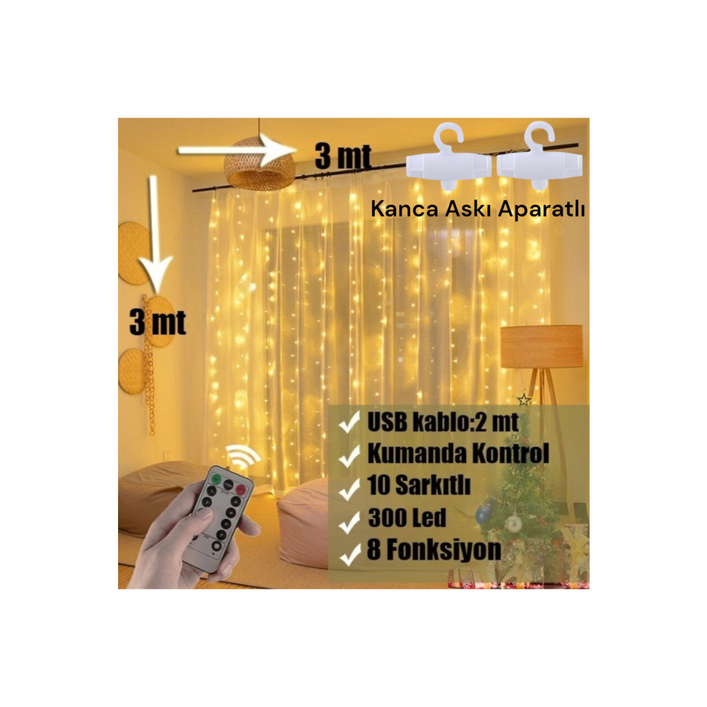 İTHALCİM Perde Led 3mx3m Kumandalı 8 Fonksıyonlu 300 Ledli 10 Sarkıtlı Usb Girişli Yaş Günü & Parti Fiyatı