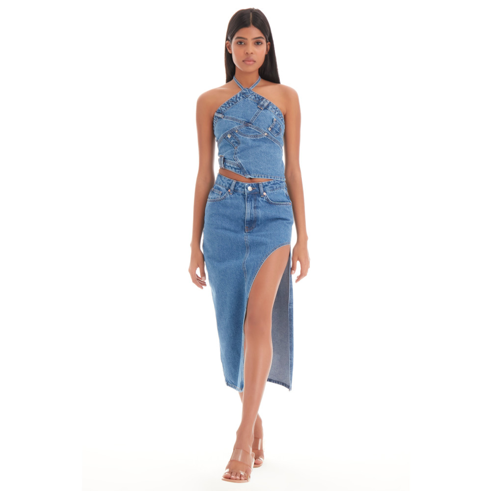 its basic Kadın Mavi Kot Rengi Yandan Derin Yırtmaç Detaylı Uzun Denim Etek 40 Beden Etek Fiyatı