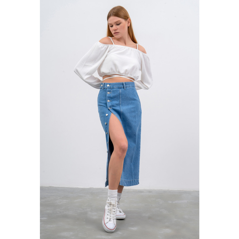 its basic Kadın Taş Mavi Renk Önü Düğmeli Maxi Boy Denim Etek 36 Beden Etek Fiyatı