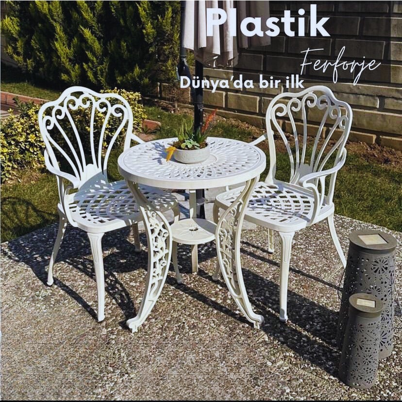 IVF Istanbul Model Ferforje Görünümlü 60 cm Çap Plastik Masa ve Sandalye Balkon Takım 2 Sandalye 1 Masa - Beyaz Standart Sandalye Fiyatı
