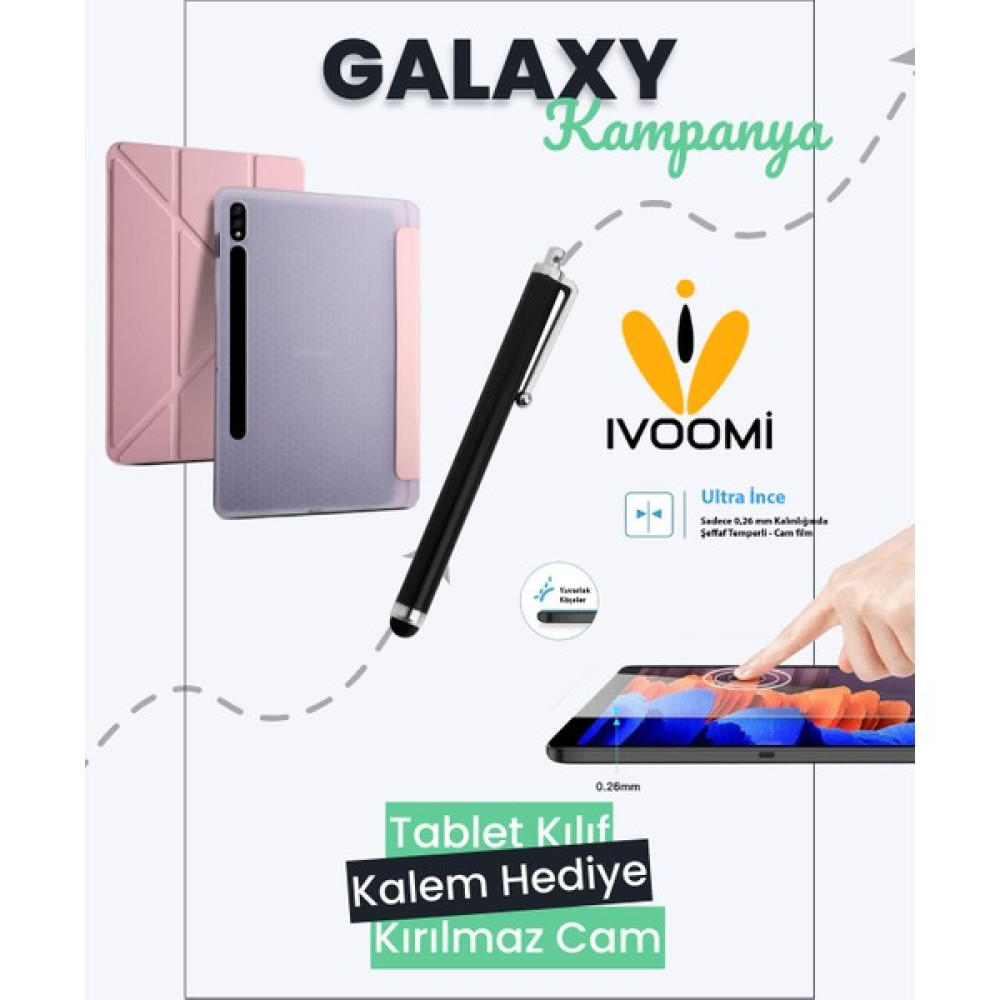Ivoomi Samsung Galaxy S7 Fe/s7 T970/X800/T733/T737 12.4"/s7/s8 Plus Tablet Kılıf & Kırılmaz Cam+Hediye Kalem - Açık Pembe Tablet Kılıfı Fiyatı