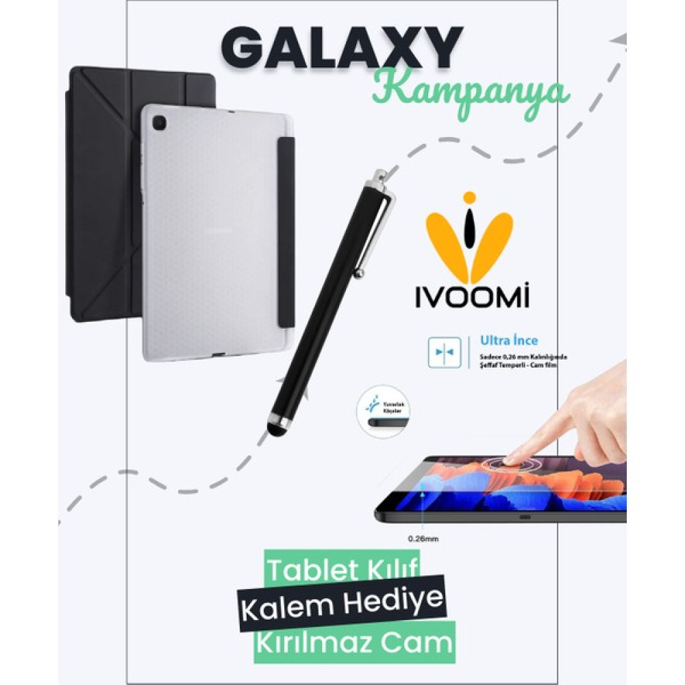 Ivoomi Samsung Galaxy Tab S6 Lite P610 Kalem Bölmeli Kılıf S6 Trifolding + Kırılmaz Cam & Kalem Hediye - Mat Siyah Tablet Kılıfı Fiyatı