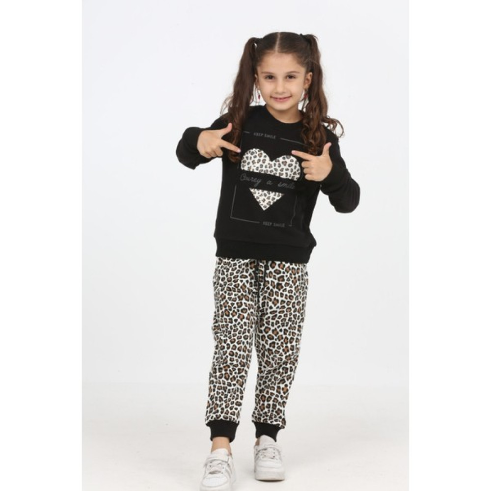 İxos Kids Club Kız Çocuk Eşofman Takımı Yüzde 100 Pamuk Leopar Desenli - Kalpli MINAH-06030010 Kız Çocuk Eşofman Fiyatı