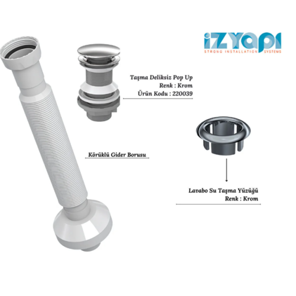 Iz Yapi 229039 Felix Pop Up Krom , Koruklu Gider Borusu , Lavabo Tasma Yuzugu Krom (3'Lu Set) Sifon Fiyatı