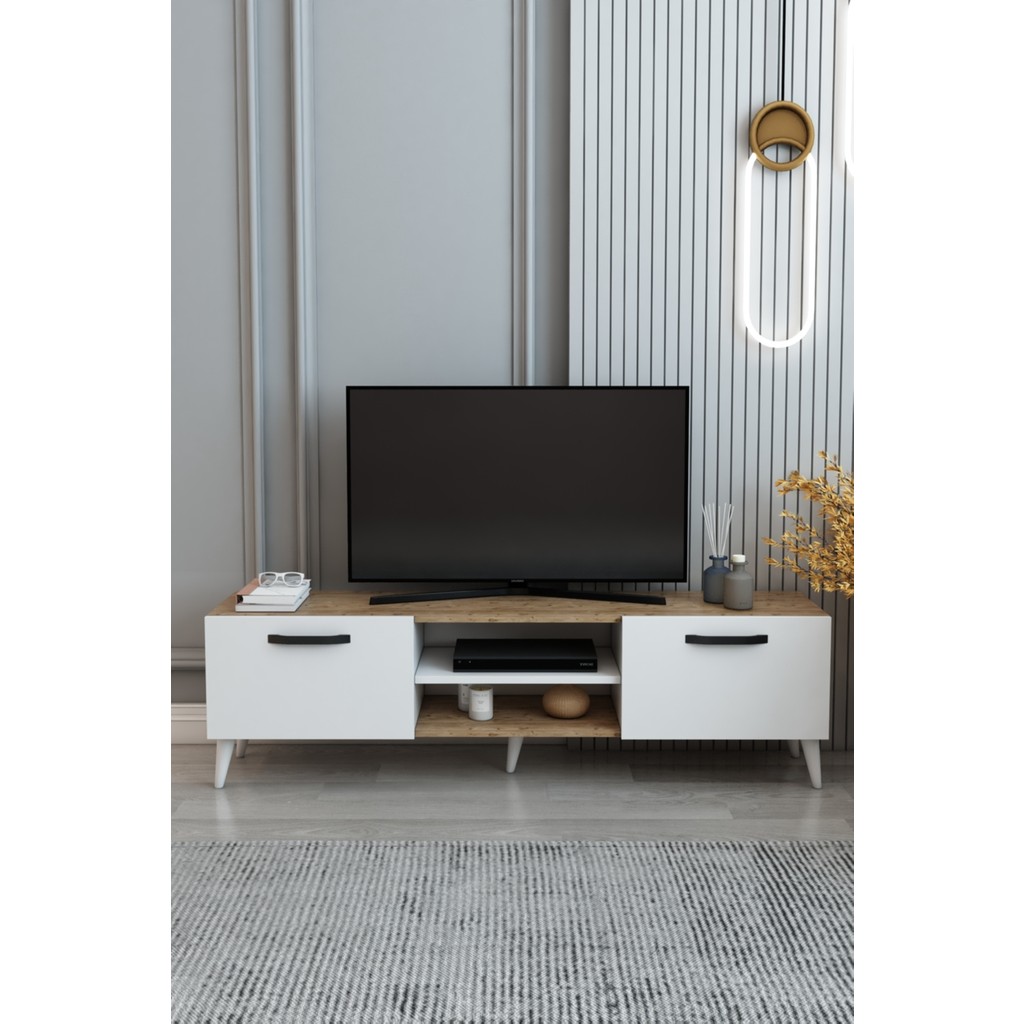 Izco Design Efes Tv Ünitesi 150 cm 2 Kapaklı Raflı Tv Sehpası - Atlantik Çam - Beyaz Tv Ünitesi / Sehpası Fiyatı