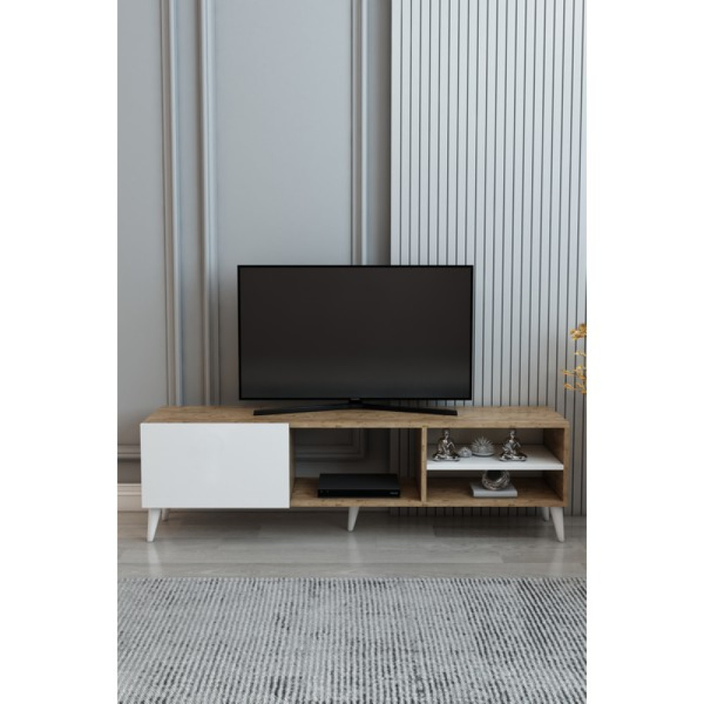 Izco Design Luna Tv Ünitesi 150 cm Genişlik Çam Beyaz Tek Kapaklı Raflı Tv Sehpası - Atlantik Çam - Beyaz Tv Ünitesi / Sehpası Fiyatı