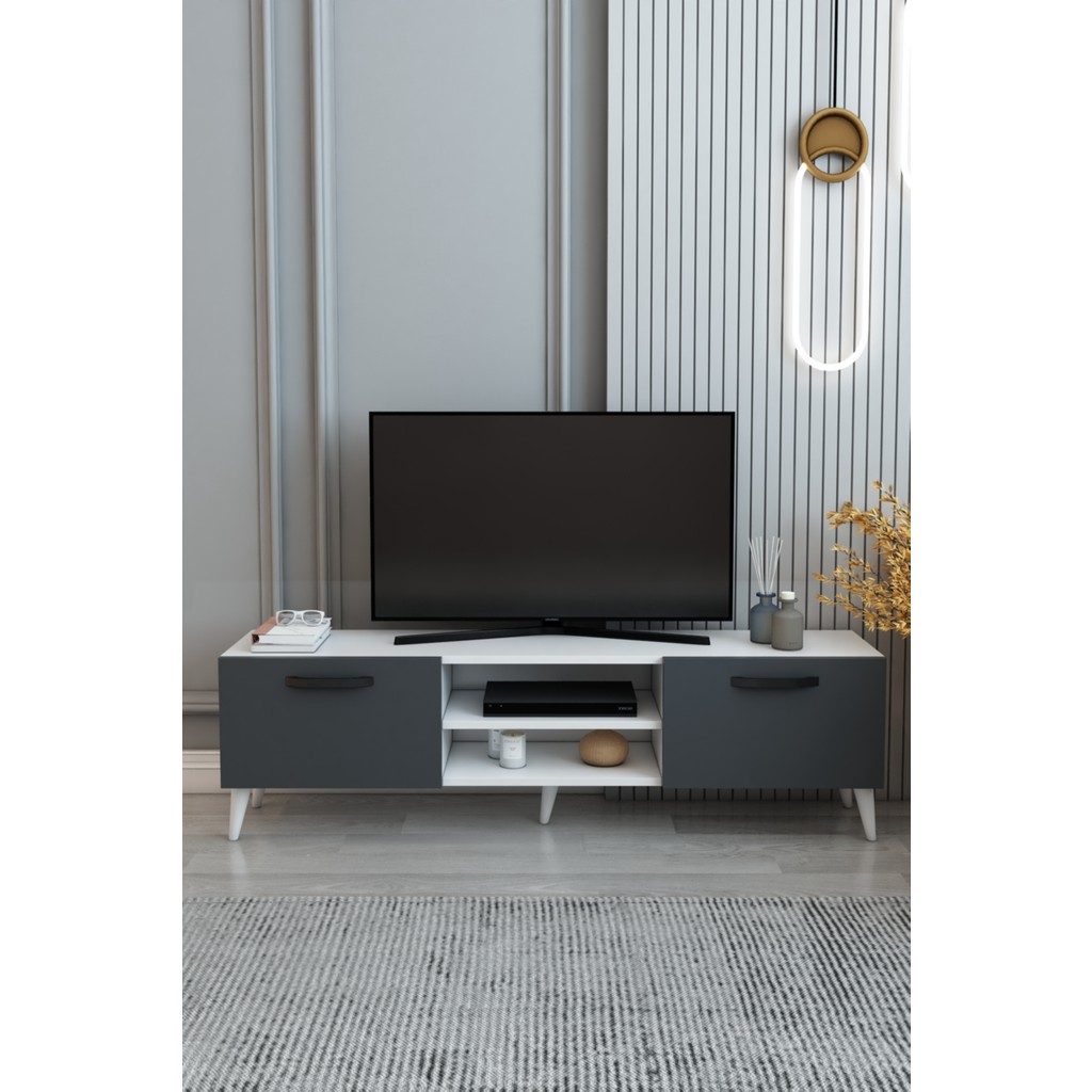 İzco Design Model Efes TV Ünitesi 150 cm – 2 Kapaklı Raflı Beyaz Gövde TV Sehpası | Antrasit TV Konsolu | Televizyon Ünitesi - Antrasit - Beyaz Tv Ünitesi / Sehpası Fiyatı