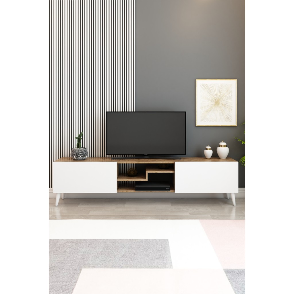 Izco Design Model Z Tv Ünitesi 150 cm Dekoratif Raflı Iki Kapaklı Tv Sehpası Beyaz-Antrasit Renk - Atlantik Çam - Beyaz Tv Ünitesi / Sehpası Fiyatı