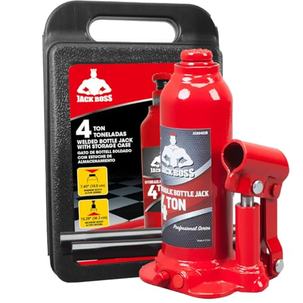 Jack Boss Bottle Jack 4 Ton (8,800 LBs) Welded Hydraulic Car Jack with Pump Handle and Storage Case, Fit Use for Cars Automotive Sedans, Red