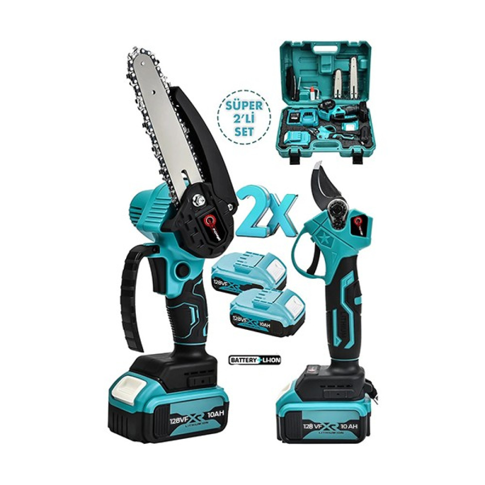 Jack Power 2'li Super Set 128 Vf 10 Çift Pala Zincir Çift Akülü Çelik Şanzıman Şarjlı Dal Budama ve Bağ Makası Testere Dal Budama Makineleri Fiyatı