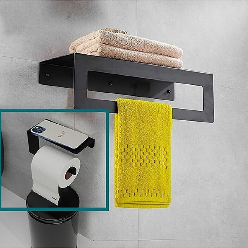 JaguArt Metal Raflı Banyo Havlu Askılığı ve Metal Raflı Tuvalet Kağıdı Askılığı 2'li Set - Siyah Tuvalet Kağıtlığı Fiyatı