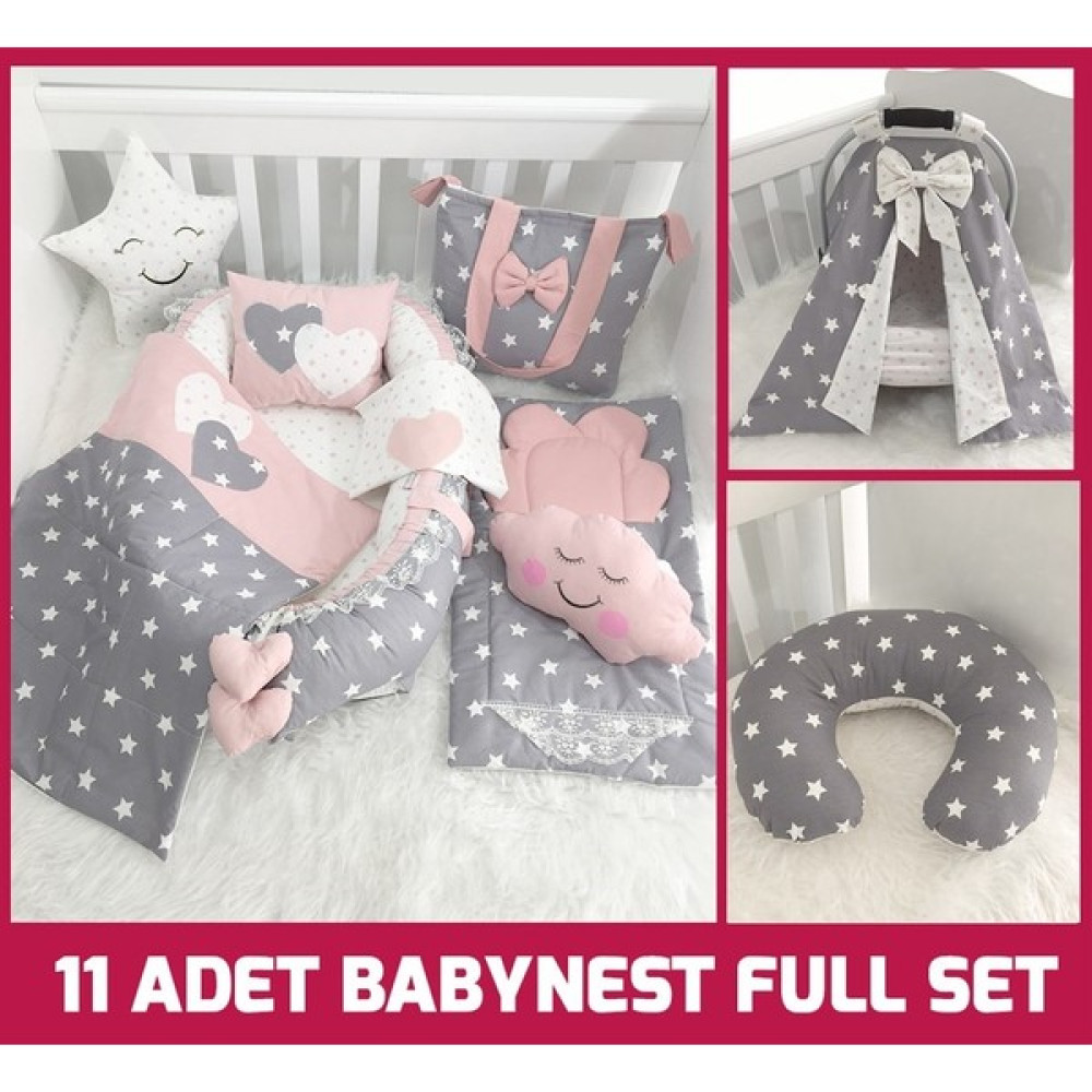 Jaju Baby Babynest Gri ve Pudra Yıldızlı 11 Parça Full Set Babynest - 100x60 - Pembe Park Yatak / Oyun Parkı Fiyatı
