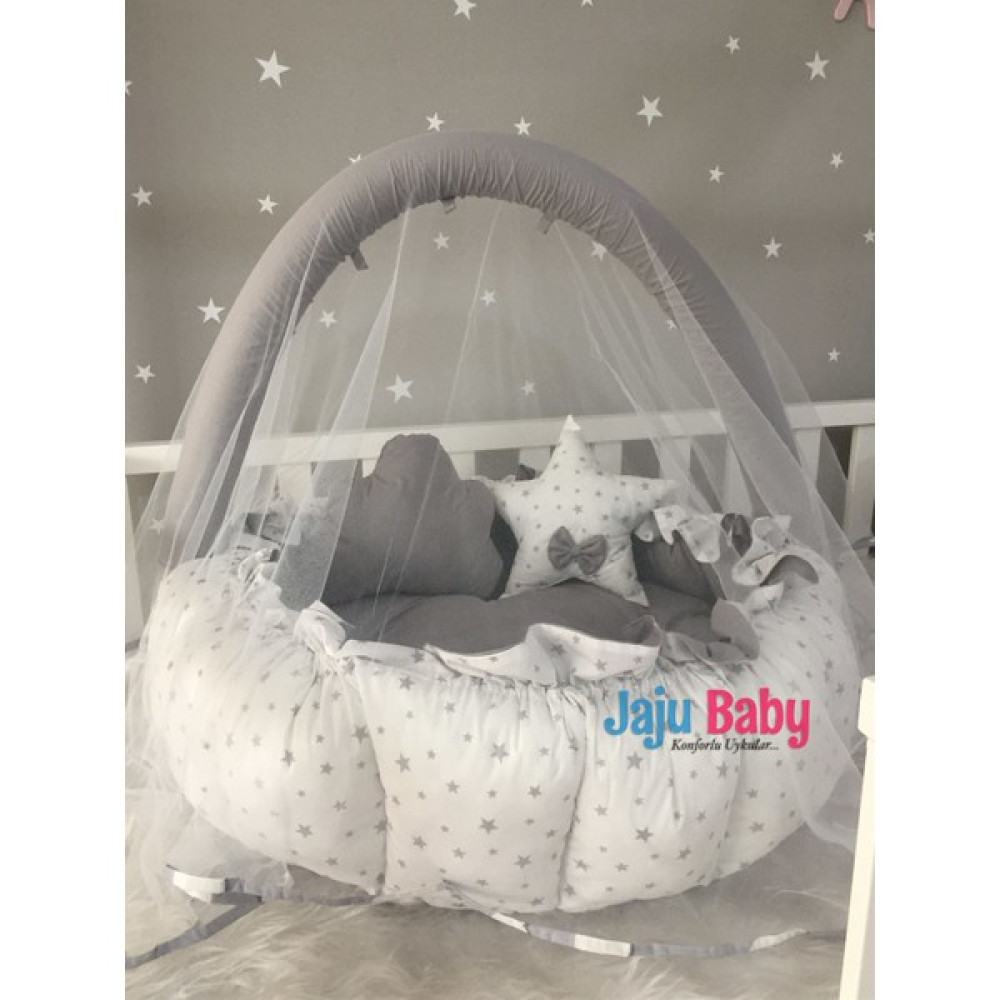 Jaju Baby Gri Yıldız Desenli Tasarım Lüx Oyun Minderi Babynest Cibinlik Tül Oyuncak Aparat Set - 120 x 120 cm - Beyaz Park Yatak / Oyun Parkı Fiyatı