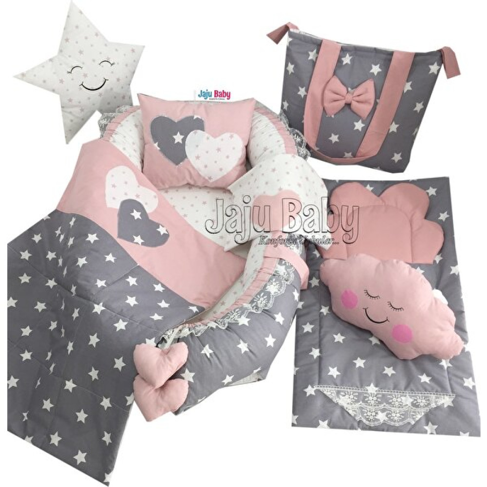 Jaju Baby Jaju Babynest Gri Pudra Yıldızlı Babynest Bebek Yatağı - 100x60 - Gri - Pembe Park Yatak / Oyun Parkı Fiyatı