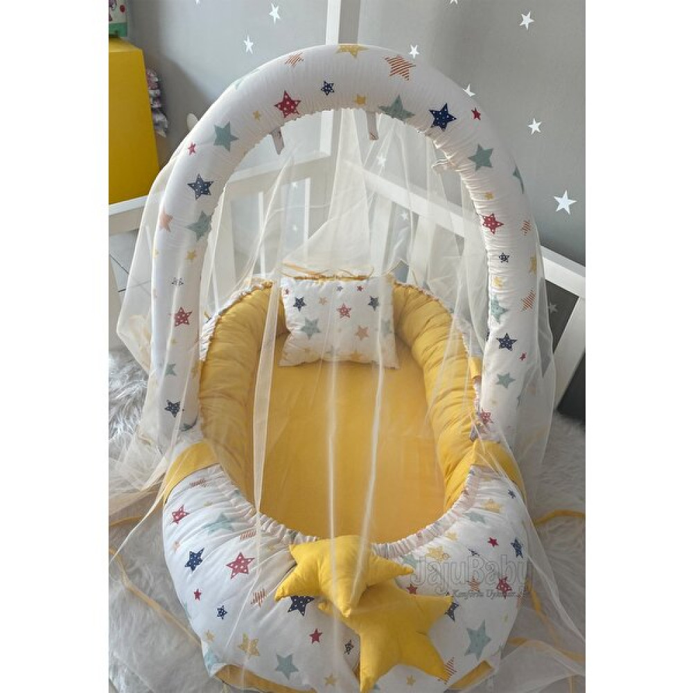 Jaju Baby Karışık Yıldızlı Sarı Cibinlik ve Oyuncak Askılı Lüx Tasarım Babynest Park Yatak / Oyun Parkı Fiyatı