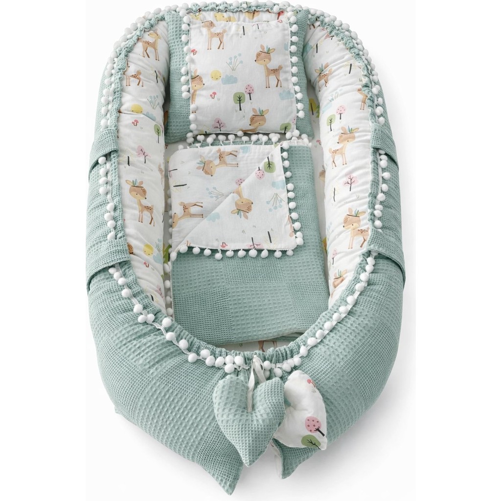 Jaju Baby Pike Kumaş ve Poplin Kumaş Ceylan Tasarım Ponponlu 3'lü Babynest Set - Yeşil Diğer Fiyatı