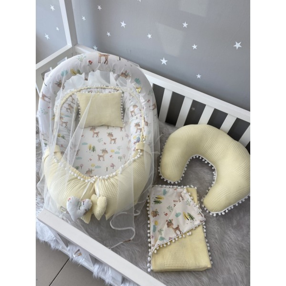 Jaju Baby Sarı Wafle Pike Kumaş Ceylan Tasarım Ponponlu Ponponlu 6 Parça Babynest Set - 100 x 60 cm Park Yatak / Oyun Parkı Fiyatı