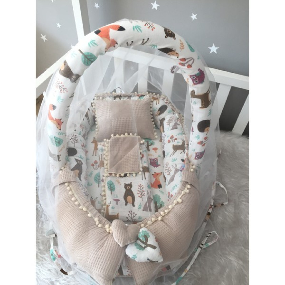 Jaju Baby Waffle Pike Kumaş ve Orman Müslin Kumaş Ponponlu Babynest ve Yorgan Oyuncak Aparat ve Tül Set Park Yatak / Oyun Parkı Fiyatı