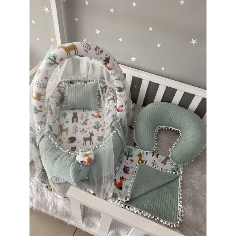 Jaju Baby Yeşil Örgü Pike Kumaş ve Orman Müslin Kumaş Ponponlu 6 Parça Babynest Set - 100 x 60 cm Park Yatak / Oyun Parkı Fiyatı