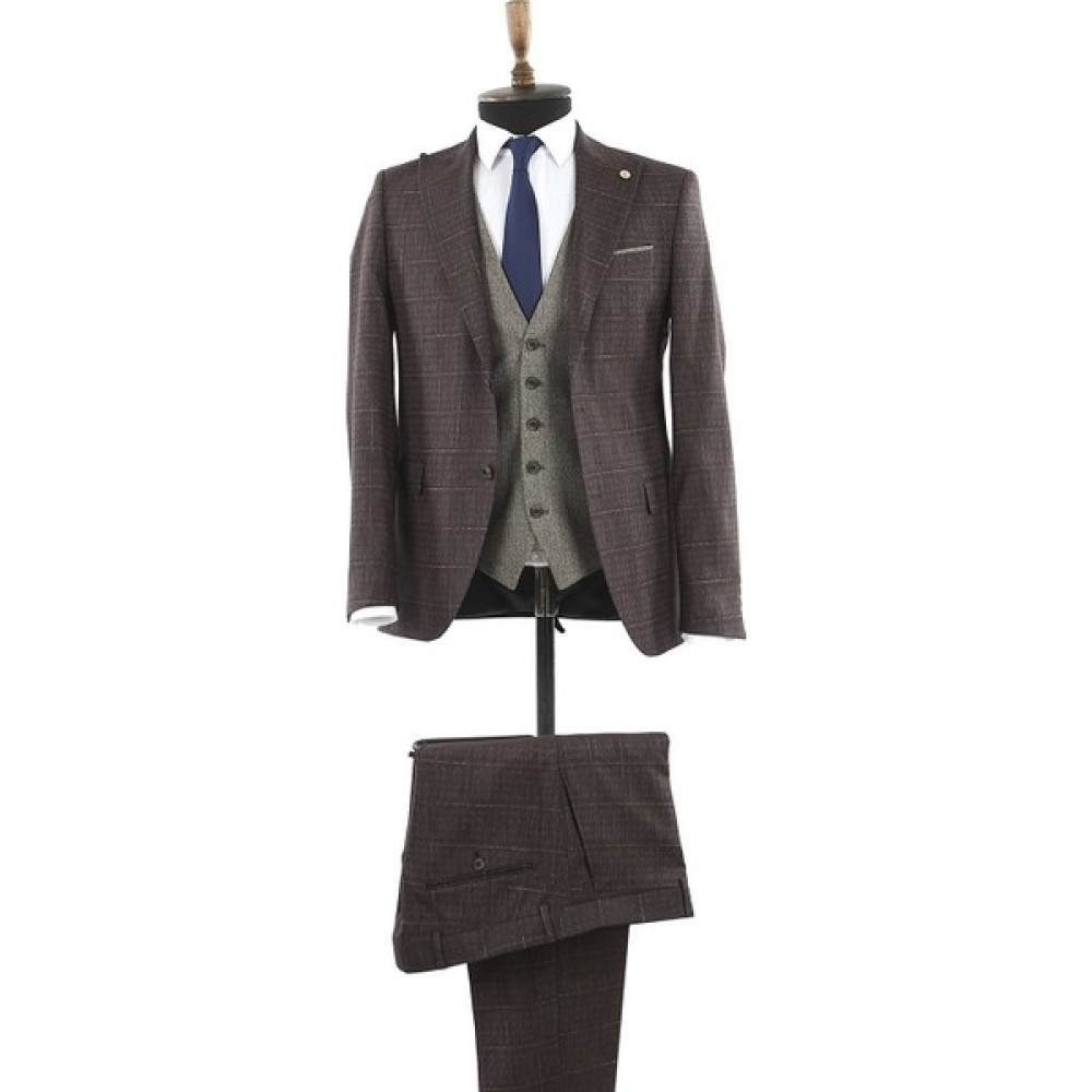 Jakamen Kahverengi Slim Fit Sivri Yaka Yelekli Erkek Takım Elbise Erkek Takım Elbise Fiyatı