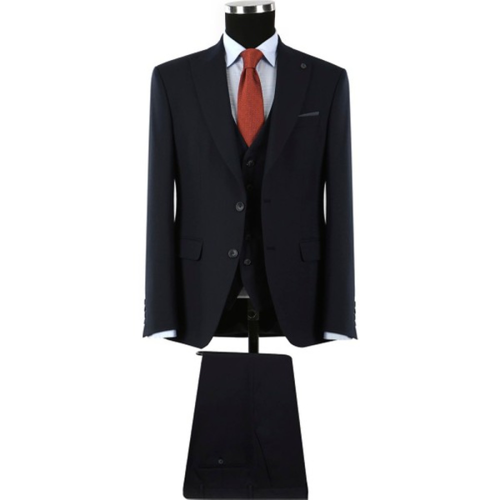 Jakamen Lacivert Slim Fit Sivri Yaka Erkek Yelekli Takım Elbise Erkek Takım Elbise Fiyatı