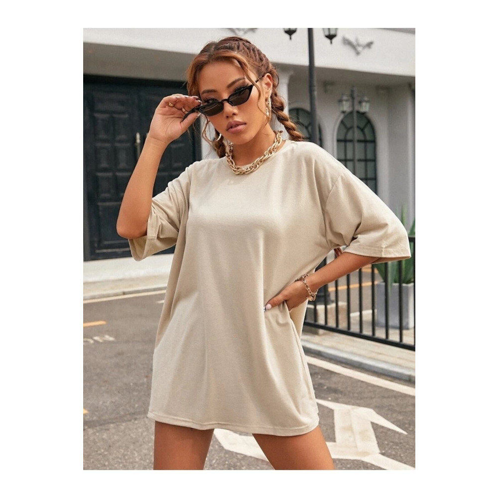 JAKARLI Unisex Bej Bisiklet Yaka Pamuk Oversize Boyfriend T-shirt Small Beden Bayan T-shirt Fiyatı