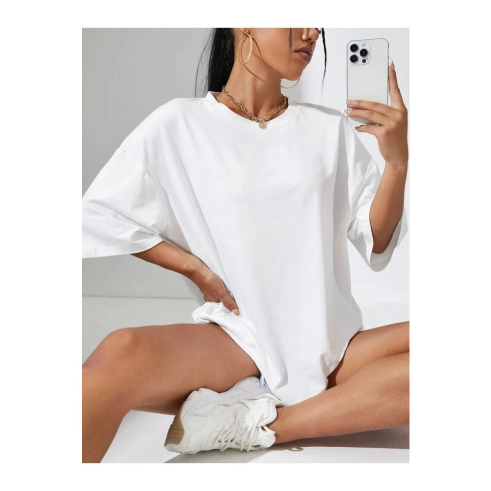 JAKARLI Unisex Beyaz Bisiklet Yaka Pamuk Oversize Boyfriend T-shirt XL-2XL Beden Bayan T-shirt Fiyatı