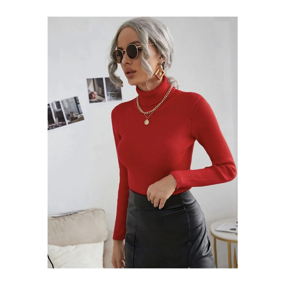 JAKARLI Unisex Füme Ateş Kırmızı Pamuklu Balıkçı Yaka Likralı Kaşkorse Şardonlu Slimfit Boğazlı Kazak XL Beden Bayan Kazak & Süveter & Triko Fiyatı