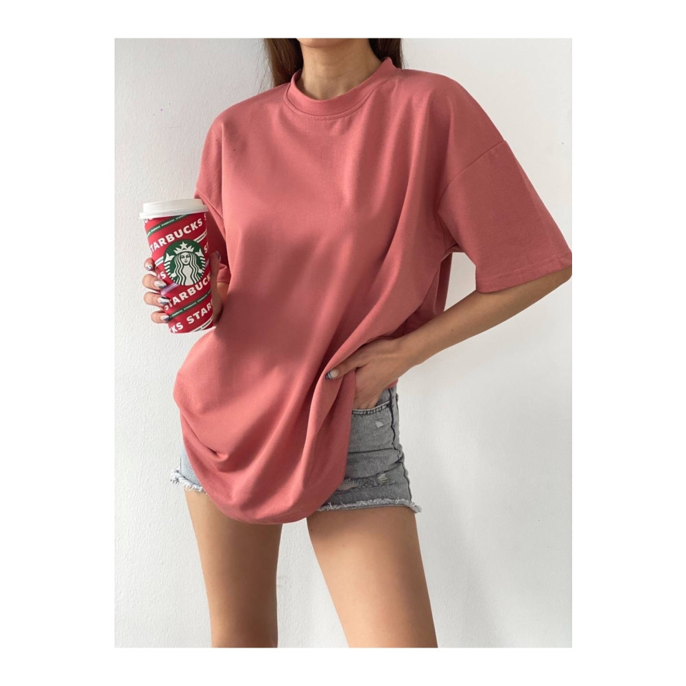 JAKARLI Unisex Pamuk Somon Bisiklet Yaka Oversize Boyfriend T-shirt 2XS Beden Bayan T-shirt Fiyatı