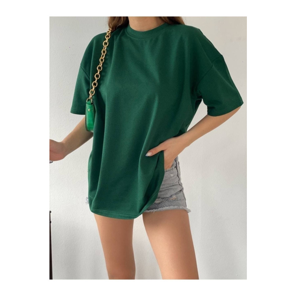 JAKARLI Unisex Zümrüt Yeşili Bisiklet Yaka Pamuk Oversize Boyfriend T-shirt 8 Yaş Beden Bayan T-shirt Fiyatı