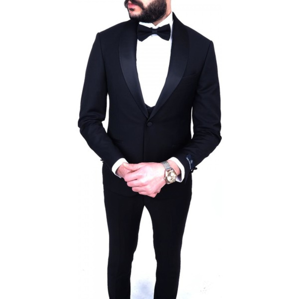 Jan Carlucci Slimfit Şal Yaka Damatlık Takım Ceket - Yelek - Pantolon - Gömlek - Papyon Erkek Takım Elbise Fiyatı