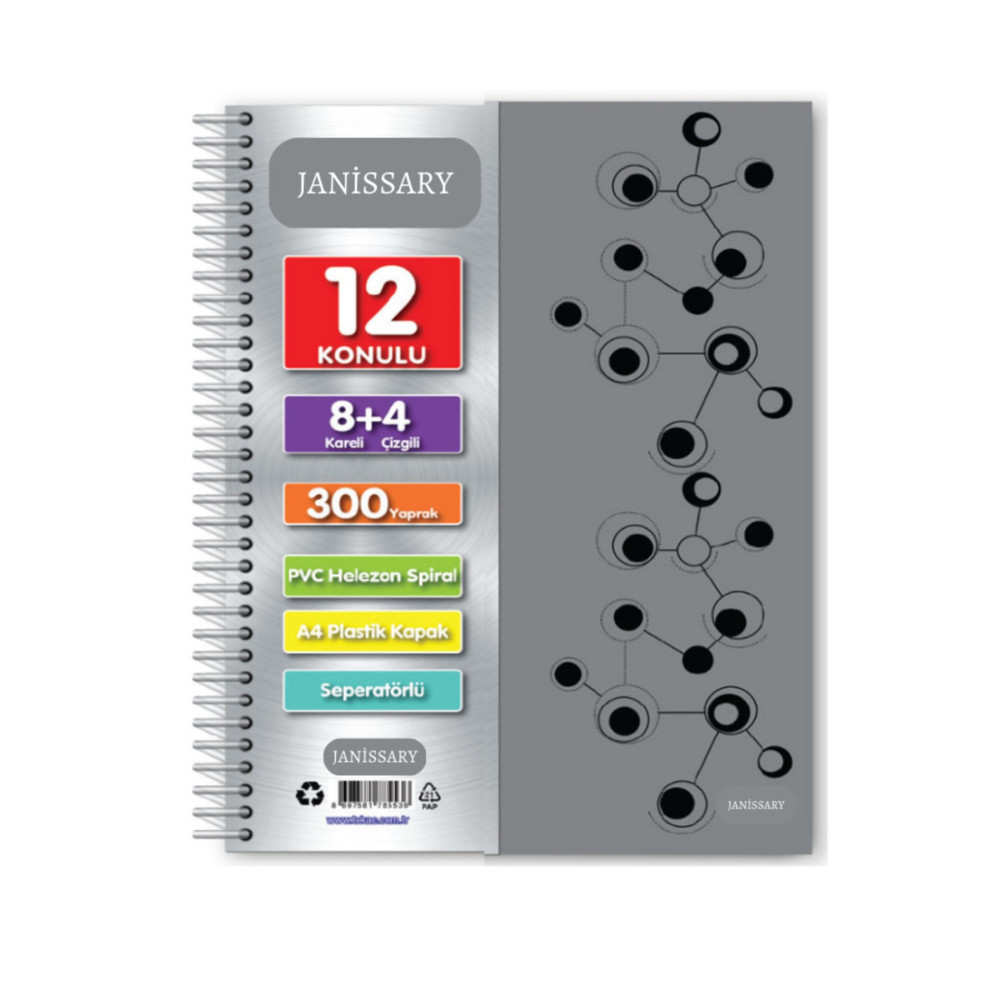 Janissary 8 4 Bölümlü 300 Yaprak A4 Sipralli Ayraçlı Defter 8 Kareli 4 Çizgili Çoklu Defter Defter Fiyatı
