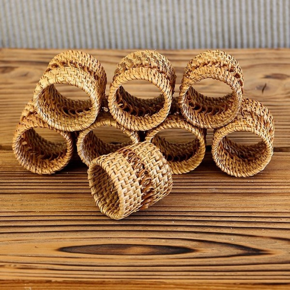 Japandi, Bohem Afrikan, İskandinav Hasır Rattan 8 li Dekoratif Peçete Halkası, Peçete Yüzüğü 5x5 cm - Açık Kahverengi - 10 x 10 cm Masa Örtüsü Fiyatı