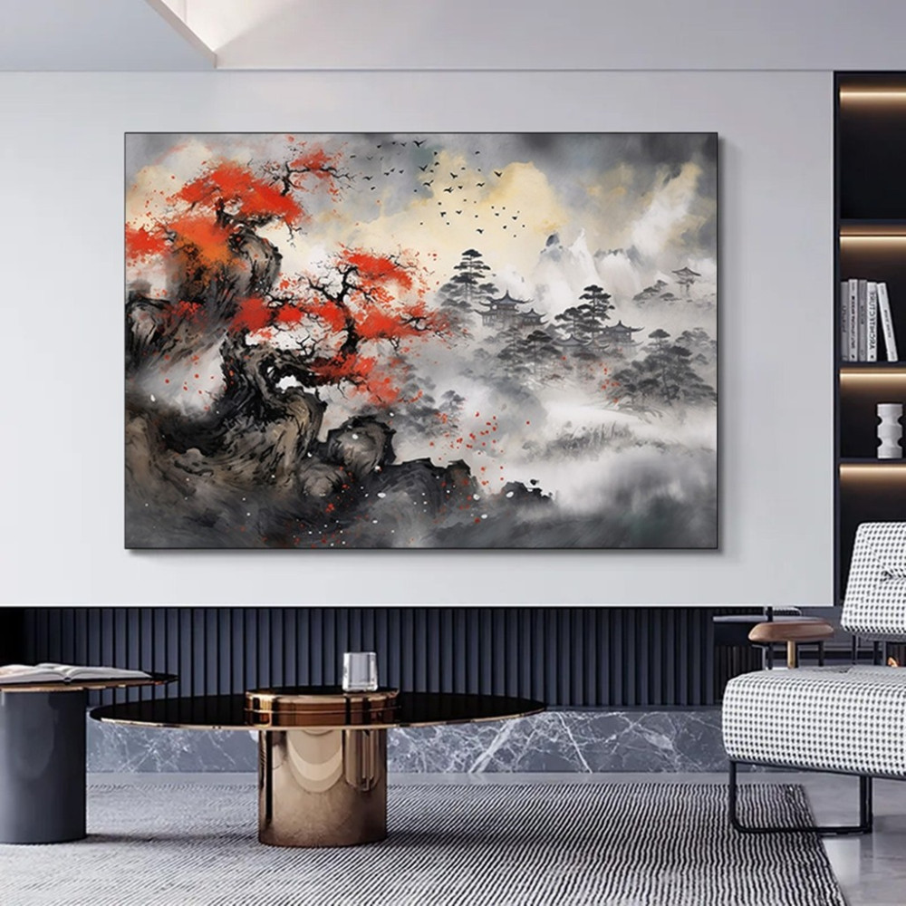 Japon Dağ Manzaralı Kanvas, Asya Tarzı Ev Dekoru, Japon Doğa Tablosu - 120 x 180 - Çok Renkli Kanvas Tablo Fiyatı