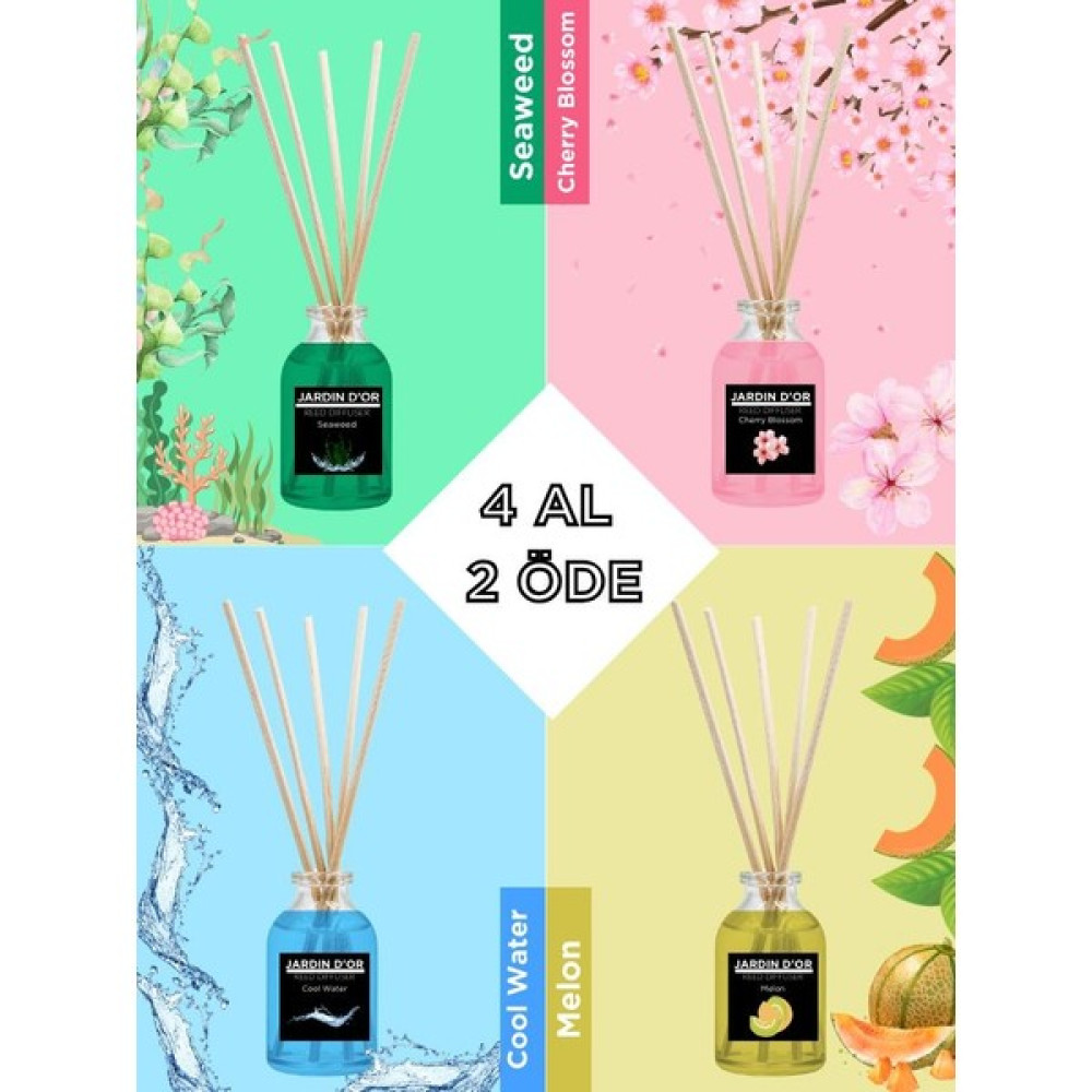 Jardin D'or 4'lü Çubuklu Oda Kokusu Seti - Avantajlı Paket (Deniz Yosunu-Kiraz Çiçeği-Kavun-Serin Su) Oda Kokusu Fiyatı