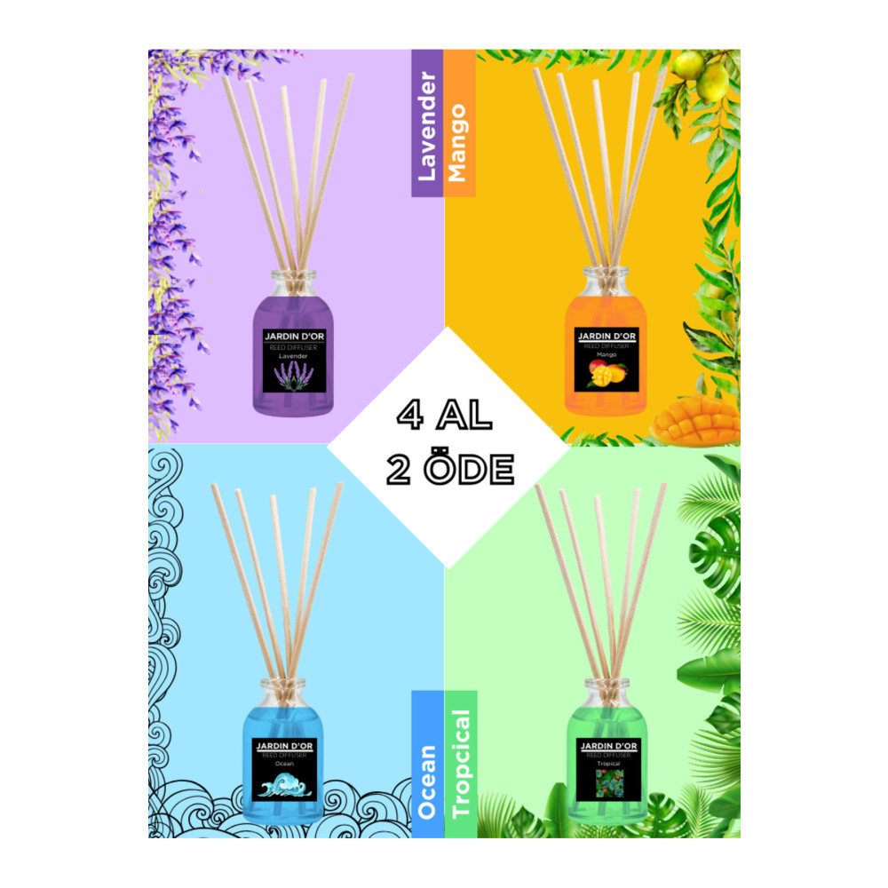 JARDIN DOR 4lü Çubuklu Oda Kokusu Seti - Avantajlı Paket (LAVANTA-MANGO-TROPIKAL-OKYANUS) Reed Dıffuser Oda Kokusu Fiyatı