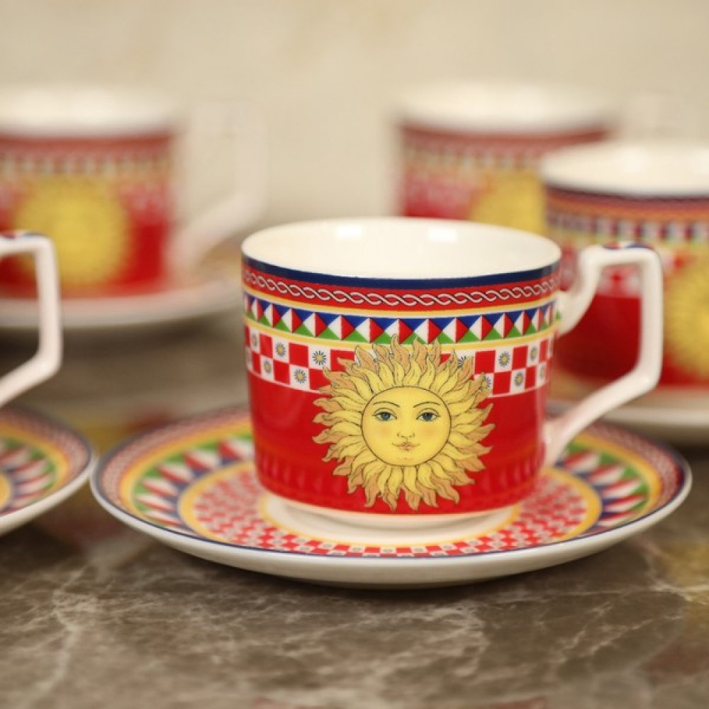 Jaunty Home Güneş Motifli Sunshine 6'lı Kahve Fincan Takımı - Kırmızı - Beyaz Oto Boyaları Fiyatı