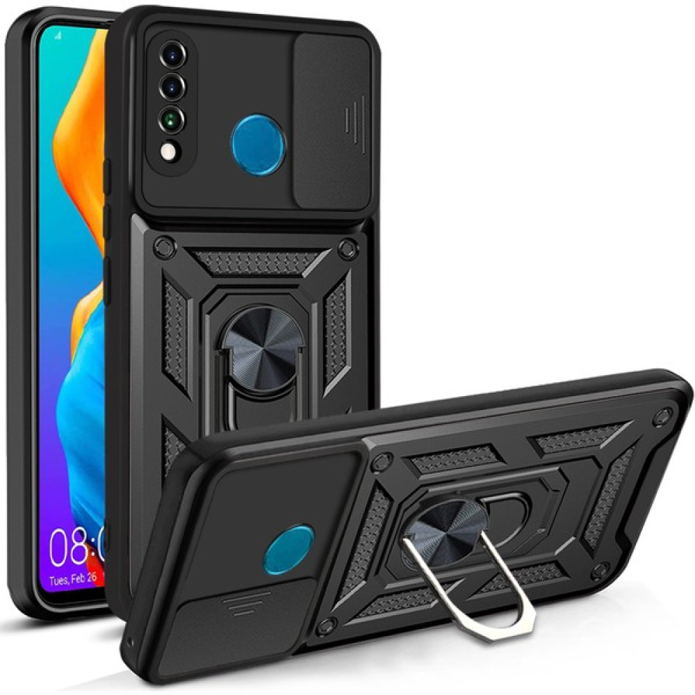 Jeaks Huawei P30 Lite Kılıf Kamera Korumalı Sürgülü Yüzüklü Armor Military Tank Koruyucu Kapak - Siyah Cep Telefonu Kılıfı Fiyatı