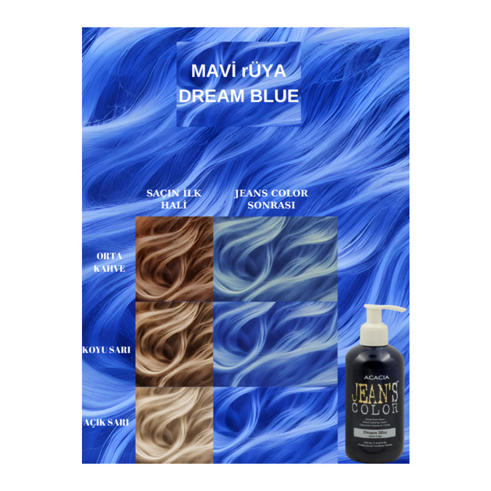 jeans color Amonyaksız Mavi Rüya Renkli Saç Boyası 250 ml Kokusuz Su Bazlı Dream Blue Hair Dye Saç Boyası Fiyatı