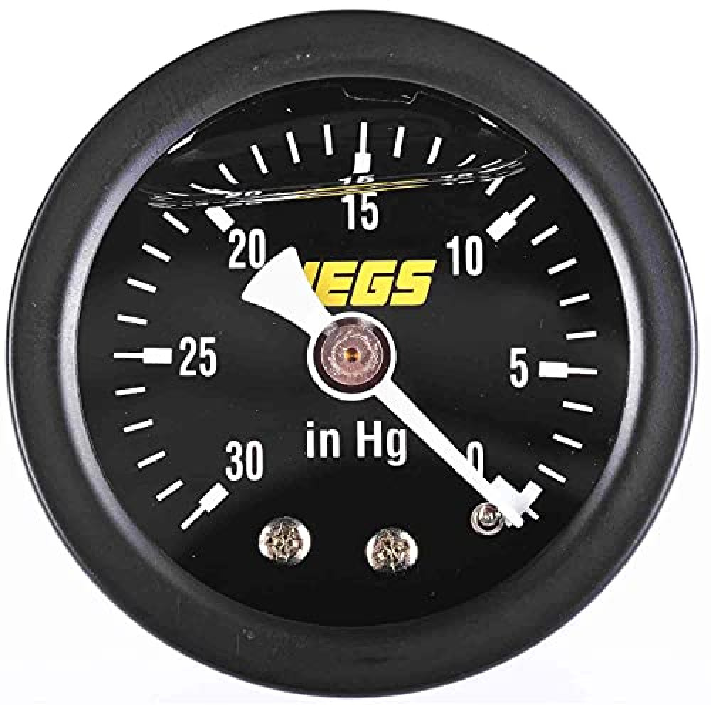 JEGS Vacuum Gauge | 1.5” Diameter | Liquid-Filled | 0-30 PSI | Black Dial | 1/8 “ NPT Male Fitting | Black Steel Case & Bezel