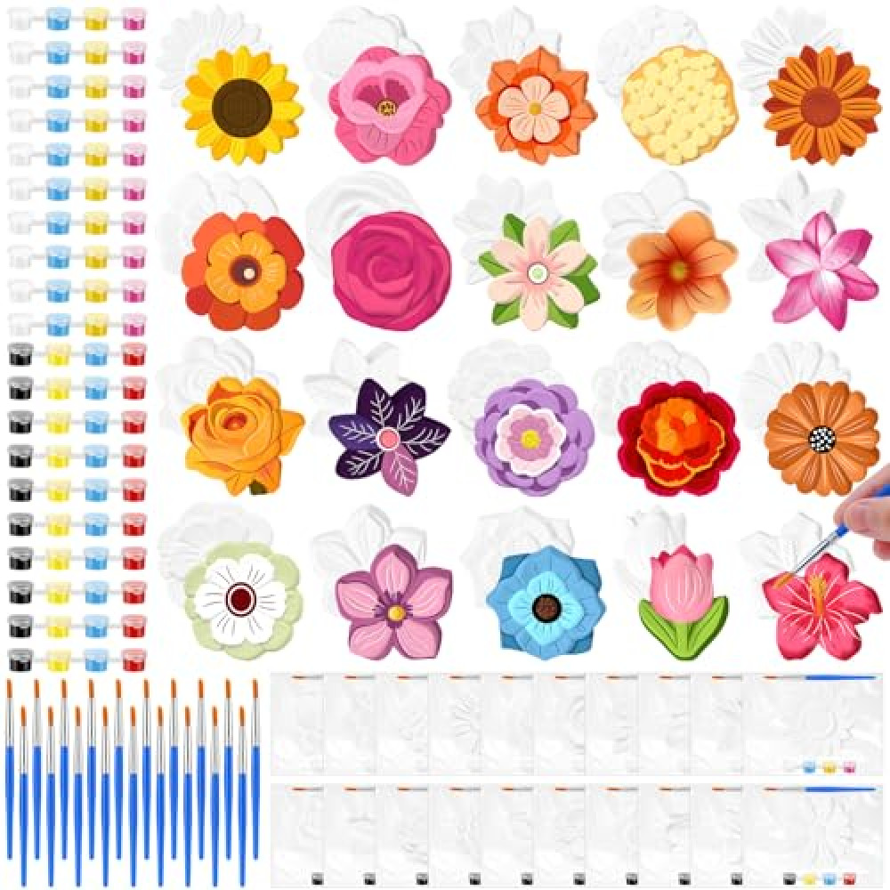 JellyArch 20 Set Flower DIY Painting Kit Ceramic to Paint Your Own Statues Unpainted Plaster Figurines Brushes Acrylic Paints Bags Party Favor for Adults