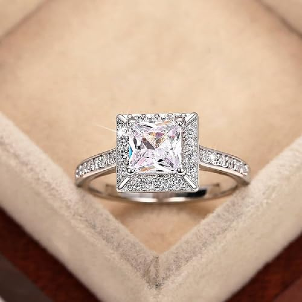 JerMrasra 3CT 925 Sterling Silver Engagement Rings for Women Emerald Cut Solitaire Cubic Zirconia CZ Wedding Promise Rings for Her Wedding Band for Women Size 6-10（7）