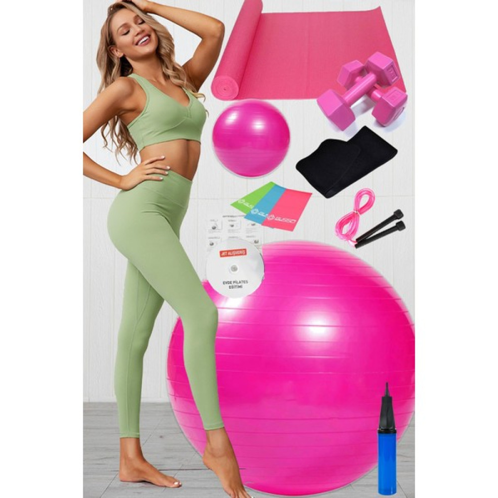 Jet 12 Li Pilates Seti Topu 3 Lü Pilates Bandı Lastiği Dambıl Minder Atlama Ipi Zayıflama Kemeri Pembe Oto Boyaları Fiyatı
